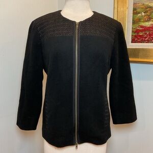 Eileen Fisher Black Wool Zip Jacket Braided Yoke Minimalist